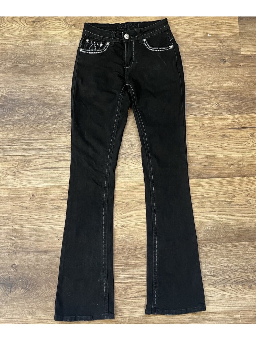 Lamasini Premium Black Flare Jeans Size 1 Embellished Studded Pocket Y2K Western
